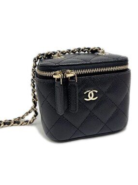 Chanel Quilted Classic Small Vanity Case Black Gold Chain Shoulder Caviar